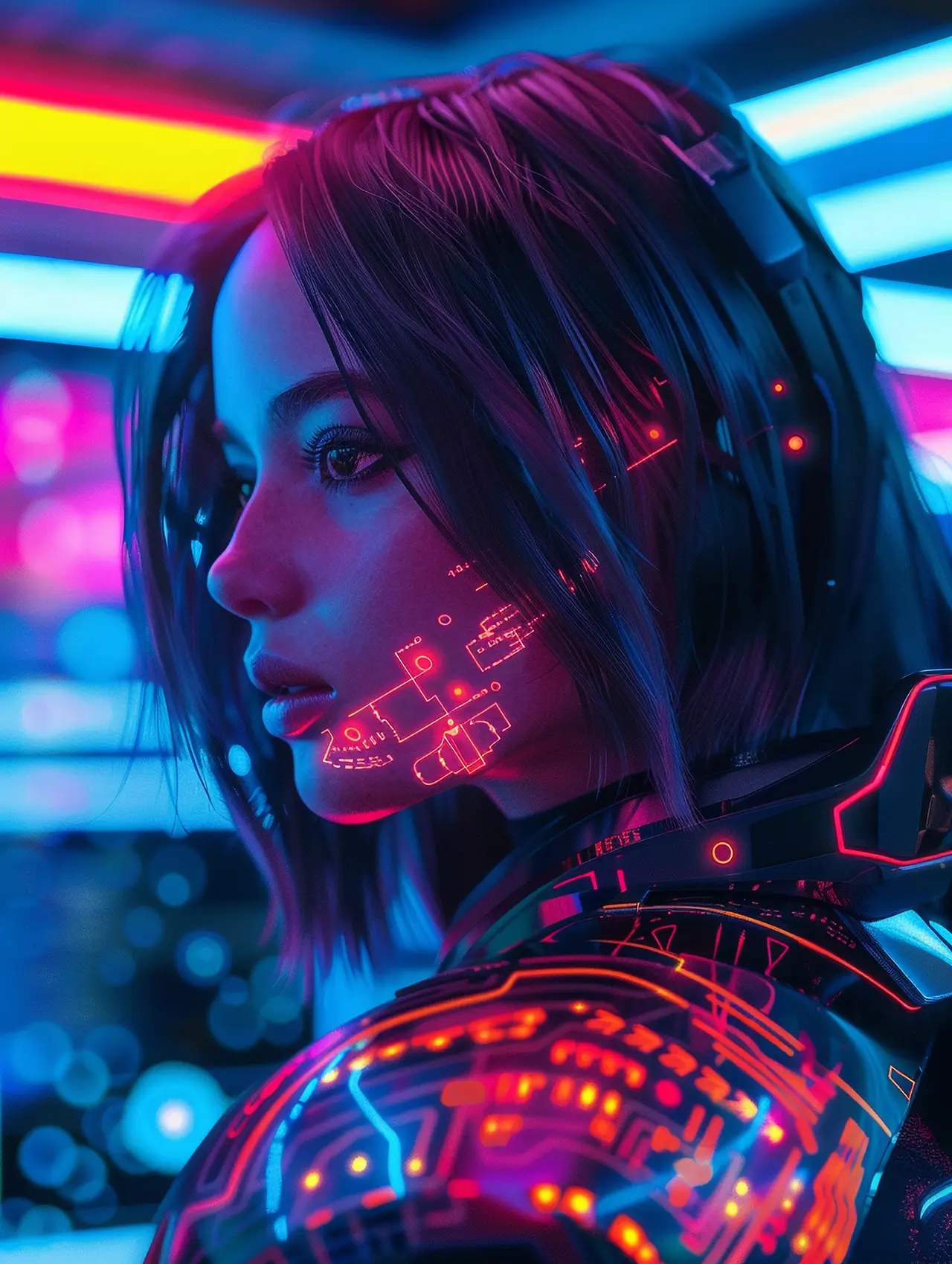 portrait futuristic female humanoid with advanced technology